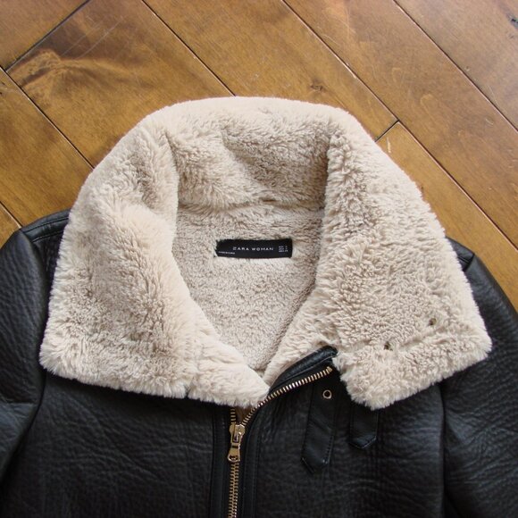 Zara Black Faux Leather Shearling Jacket Aviator Biker Moto Bomber Size Small - Picture 4 of 15